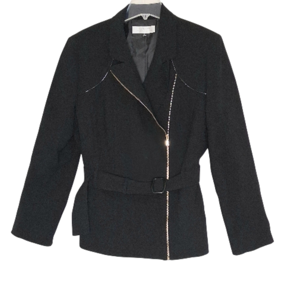 Tahari Asymmetrical Zip Belted Moto Blazer Jacket Women's Plus Sz 18 Black